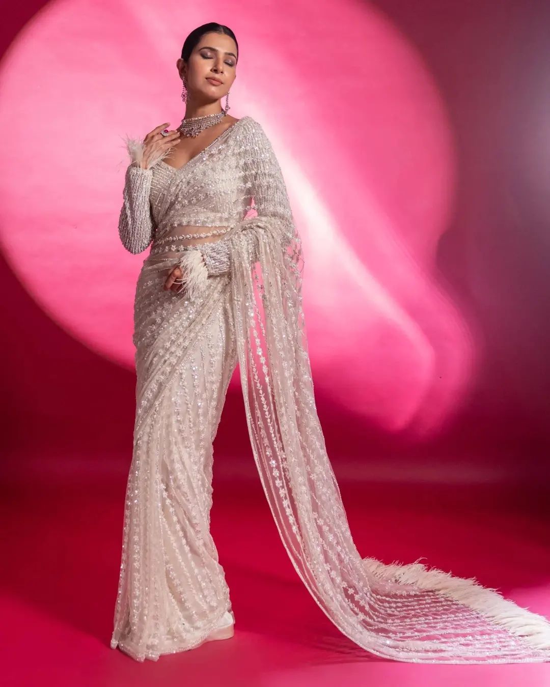 Ivory Designer Partywear Saree with Flower Embroidery Bespoke made to order - DN-1287