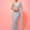 Ivory Designer Partywear Saree with White Thread Work Bespoke made to order - DN-1288
