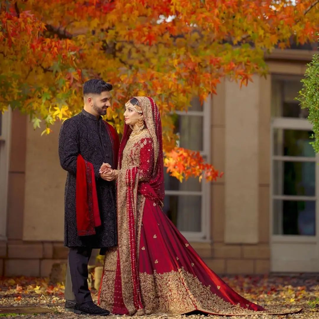 Red Traditional Pakistani Designer Nikaah Embroidered kurti with long Trail lehenga Bespoke - DN-1263