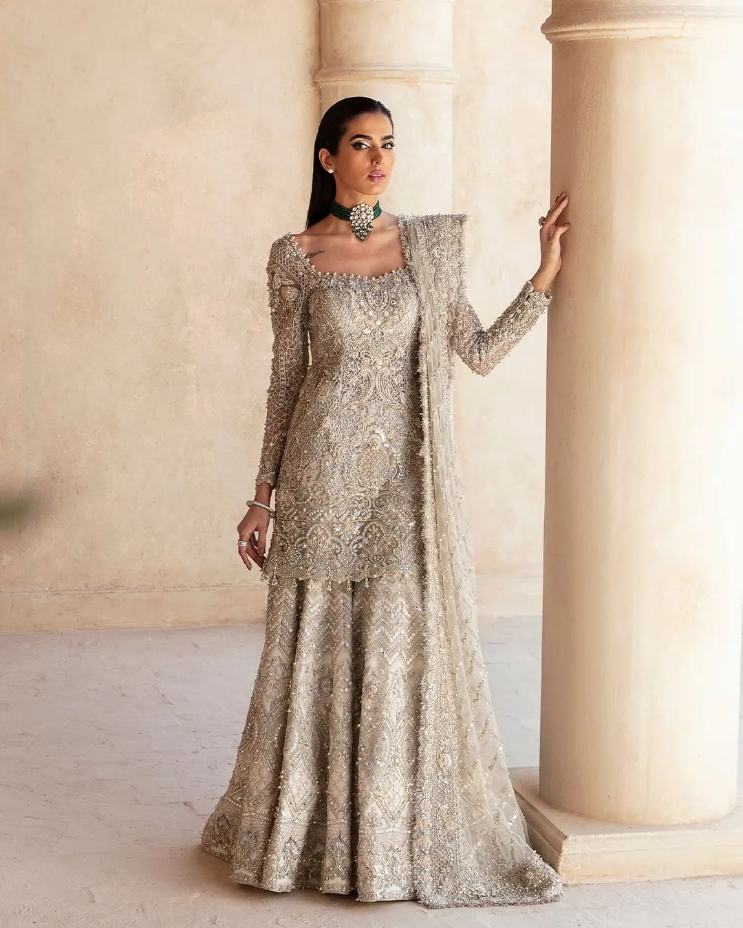 Ivory Classy Designer Wedding Peplum with Sharara and Embroidery Bespoke made to order - DN-1296