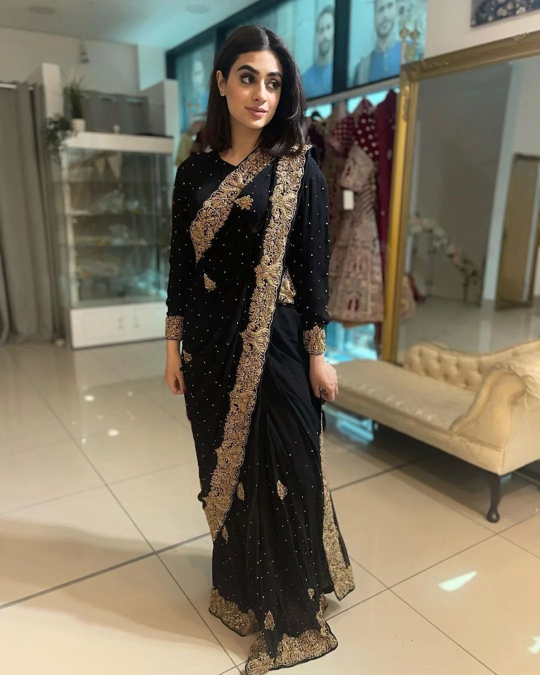 Black Designer Parttywear Gorgette Saree with Golden Embroidery Bespoke - DN-1293