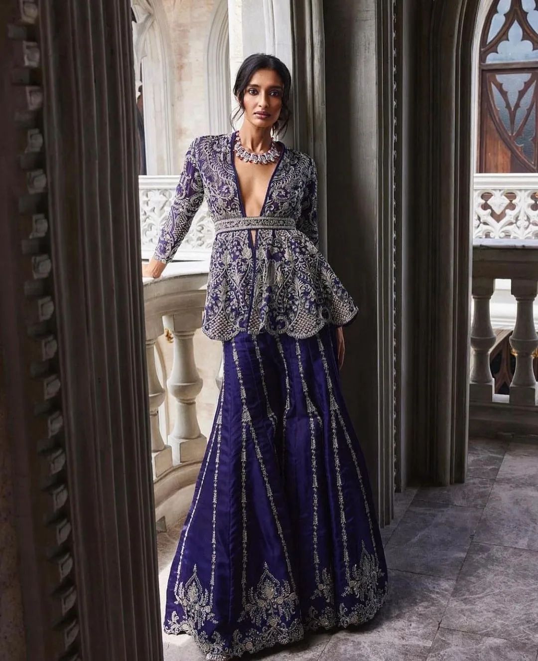 Purple Designer Partywear Gaarara with split Peplum with Embroidery Bespoke - DN-1265