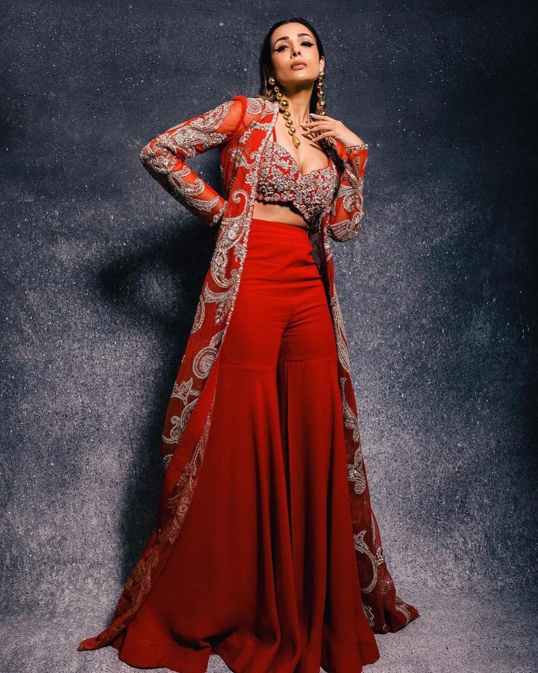 Red Designer Partywear Sharara with Embroidered crop top and long Jacket Bespoke - DN-1193