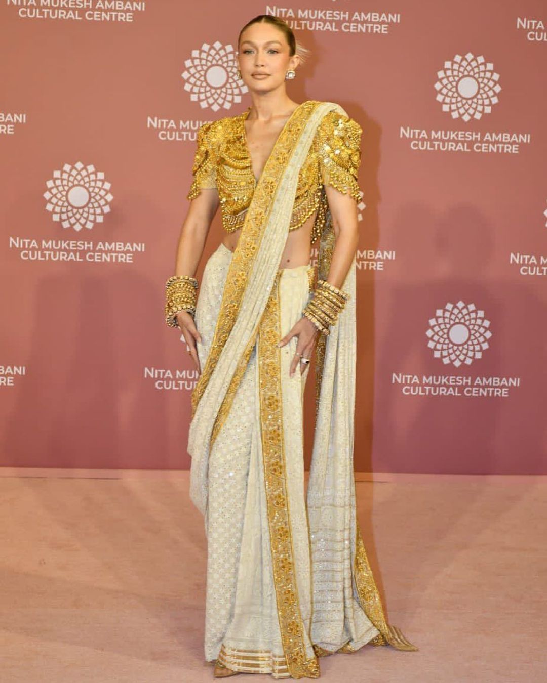 Designer Wedding and Reception white and Golden Embroidered saree Bespoke - DN-1184