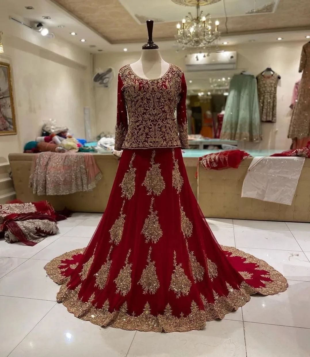 Traditional Red Bridal long Trail lehenga with Embroidered Blouse Bespoke made to order - DN-1225