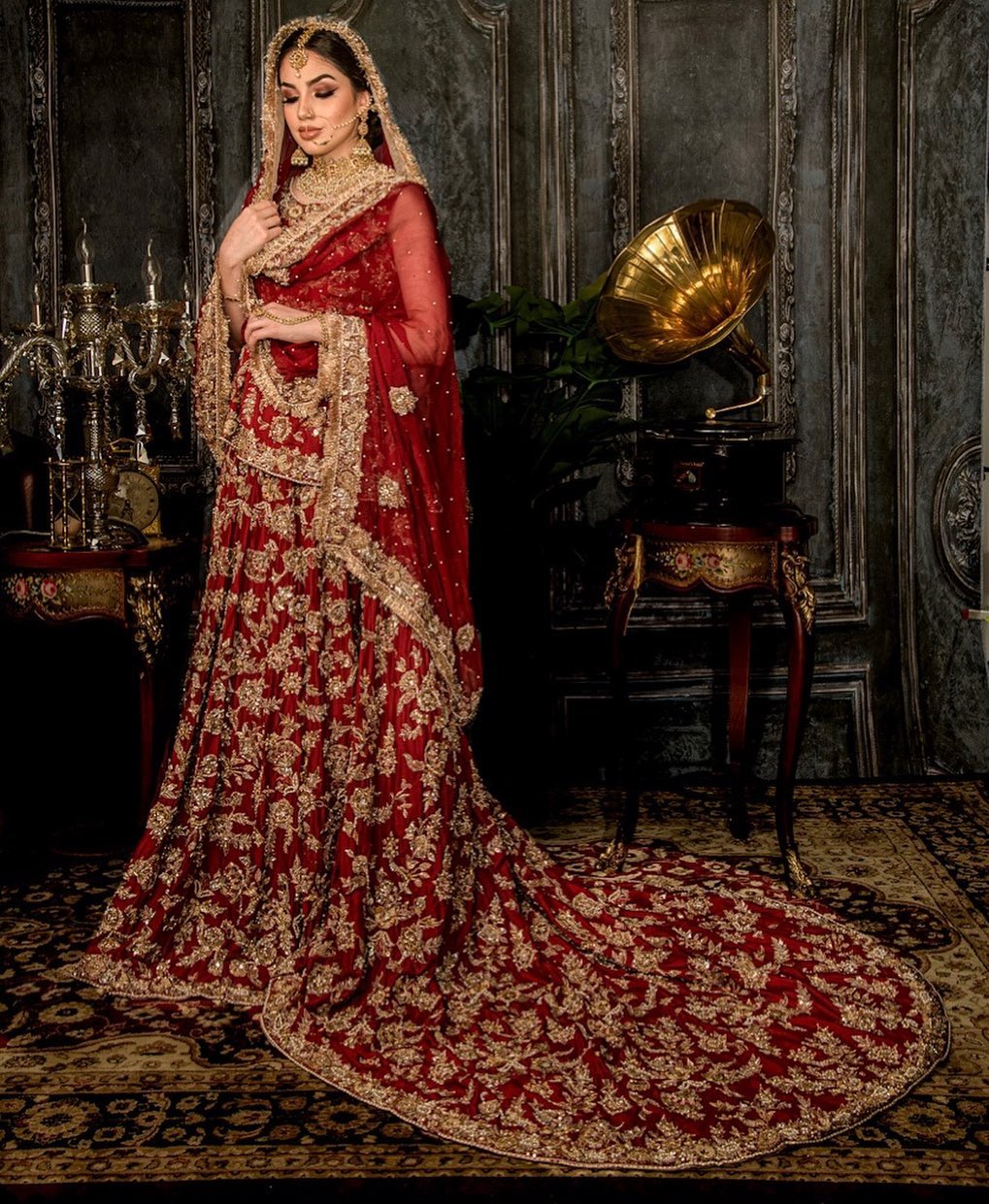 Bridal Red Long Trail Lehenga with Golden Embroidery - DN-2012