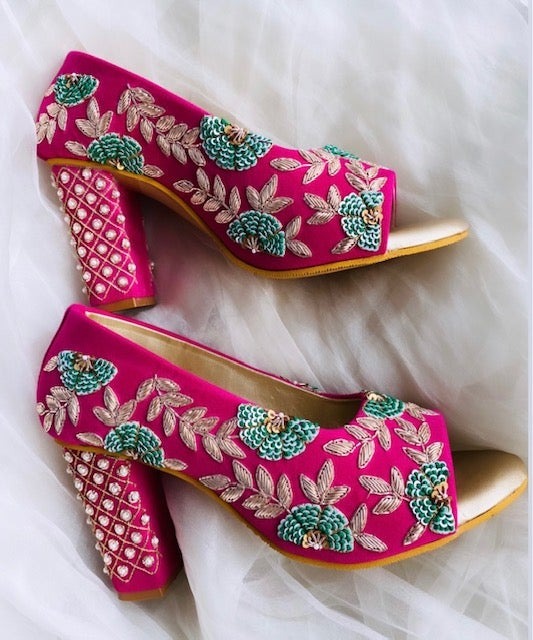 Hot pink bridal mid heels sandal with emblishment embroidery - DN-2060