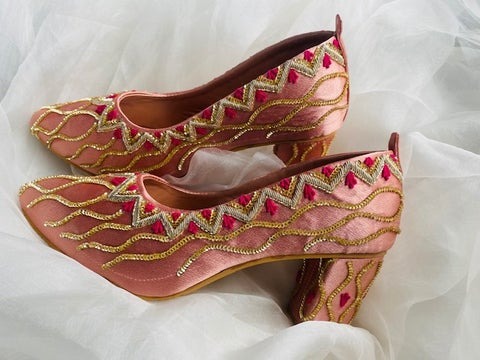 light brown wedding mid heels sandal with handmade embroidery - DN-2059
