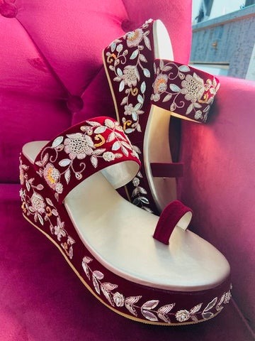 Maroon and off white mid heels and wedges sandal with beautiful flower embroidery - DN-2057